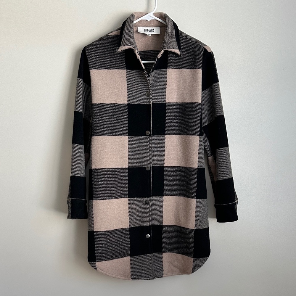BB Dakota Long Plaid Button-Down Shacket in Black and Tan